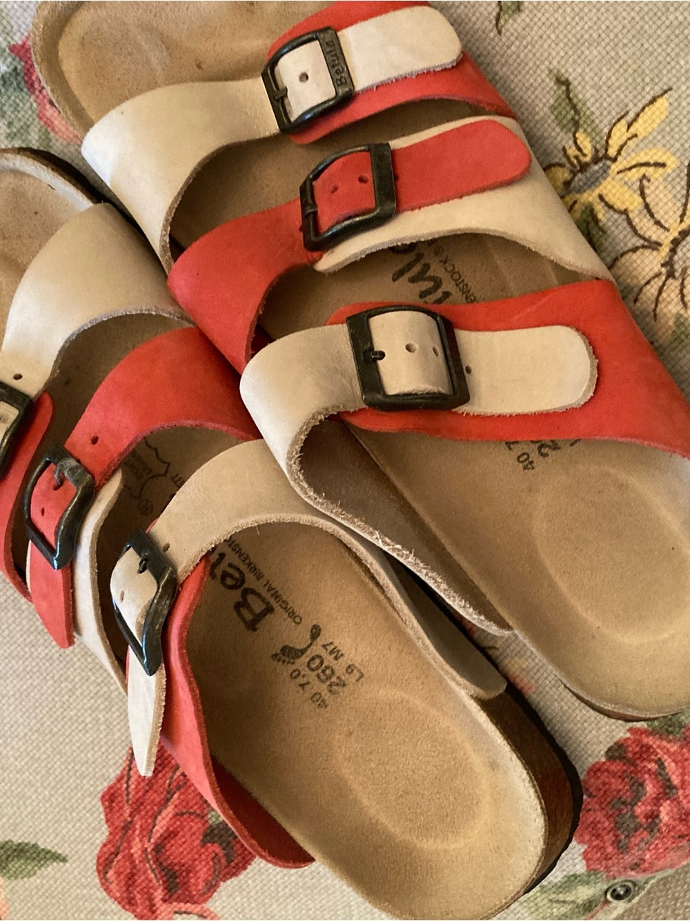 Birkenstock Two-Tone Red and Cream Adjustable Buckle Sandals
